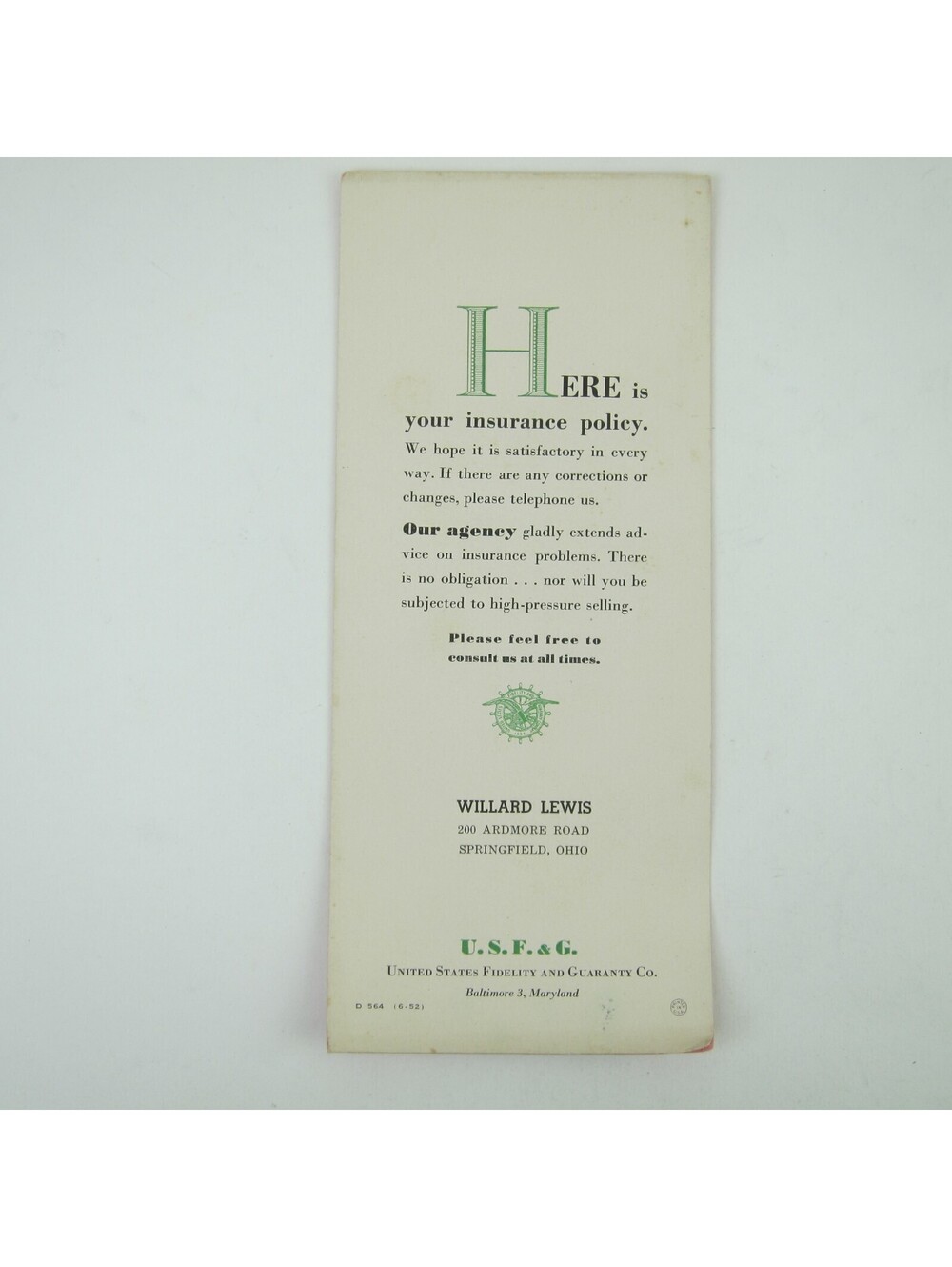 Advertising Ink Blotter United States Fidelity & Guaranty Co Springfield Ohio